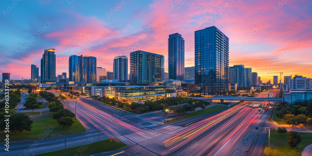 Obraz premium Modern City Skyline with CBD Office Buildings at Sunset, Drone View