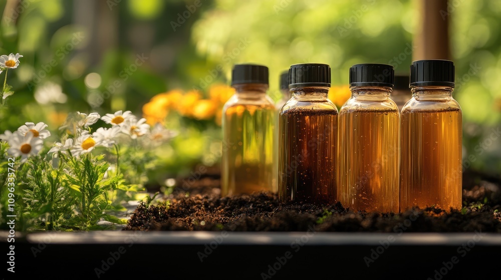 Sustainable beauty concept with drop bottles filled with soil and insect extracts, displayed amidst blooming flowers in a vibrant garden setting. Sustainable beauty concept with drop bottles filled with soil and insect extracts, displayed amidst blooming flowers in a vibrant garden setting.