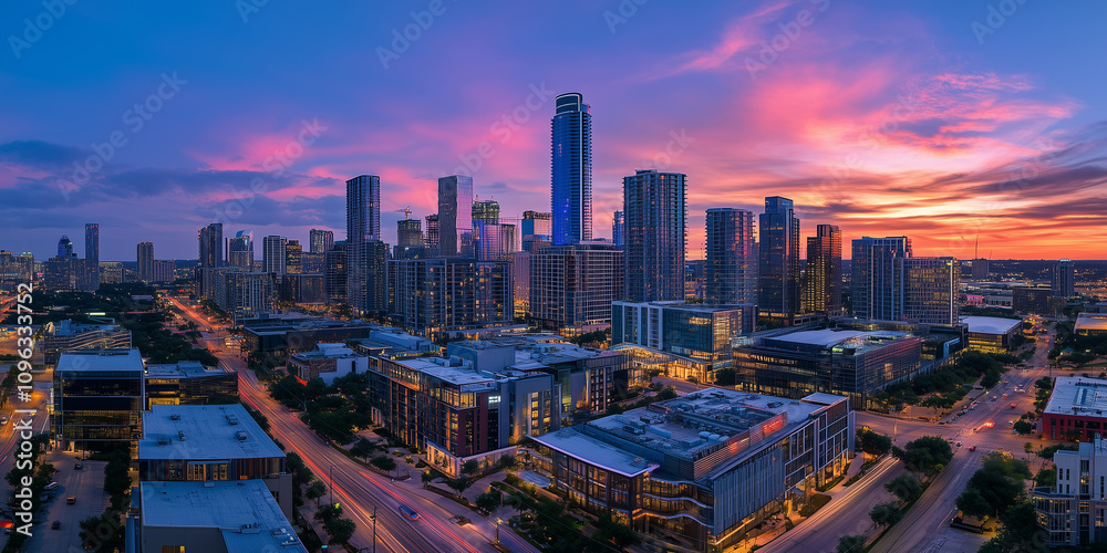 Obraz premium Modern City Skyline with CBD Office Buildings at Sunset, Drone View