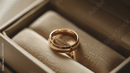 Close up of the wedding rings of the bride and groom in a box