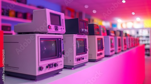 A row of vintage televisions with flickering screens on a pink shelf in a retro store.