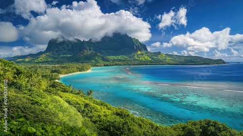 Breathtaking tropical island view featuring vibrant lush greenery, crystal-clear blue waters, and dramatic mountain backdrop under a partly cloudy sky