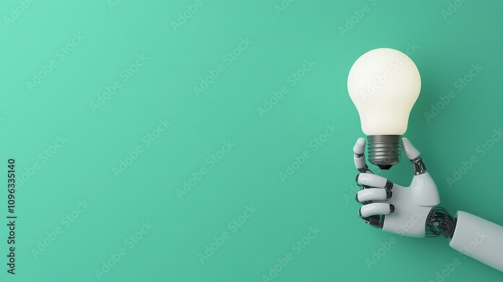 A bright idea insight for planning concepts. A robotic hand holds a glowing light bulb against a vibrant green background, symbolizing innovation and technology.