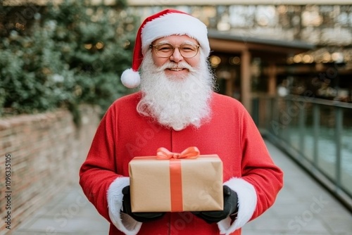 Smiling Santa Claus holding a gift outdoors. photo