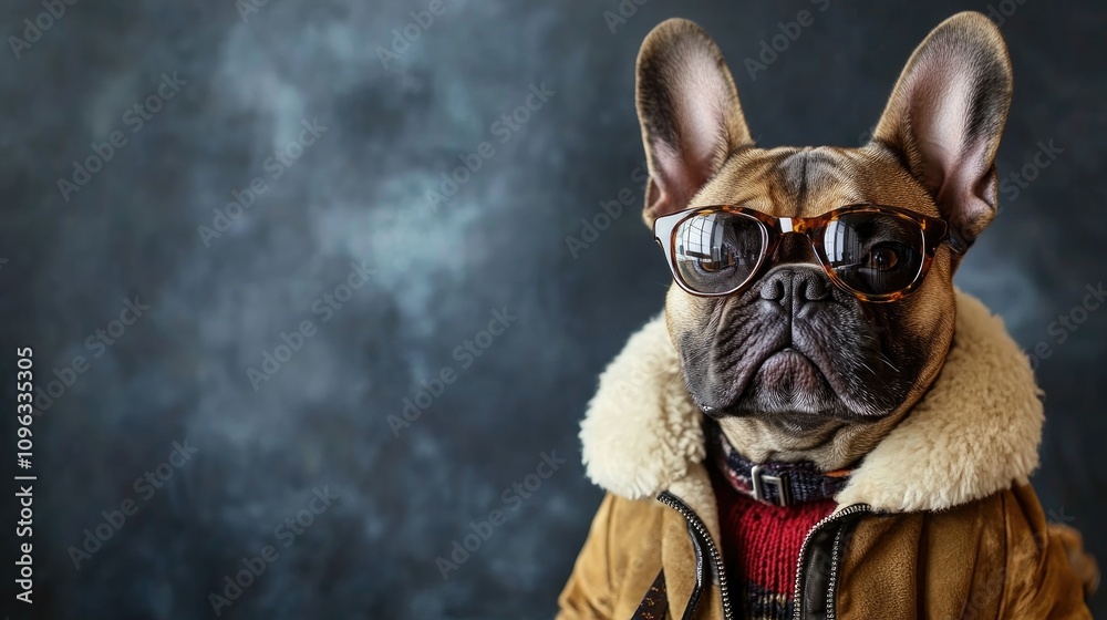 Fashionable French bulldog wearing sunglasses and a stylish coat, posing confidently against a textured dark background. Fashionable French bulldog wearing sunglasses and a stylish coat, posing confidently against a textured dark background.