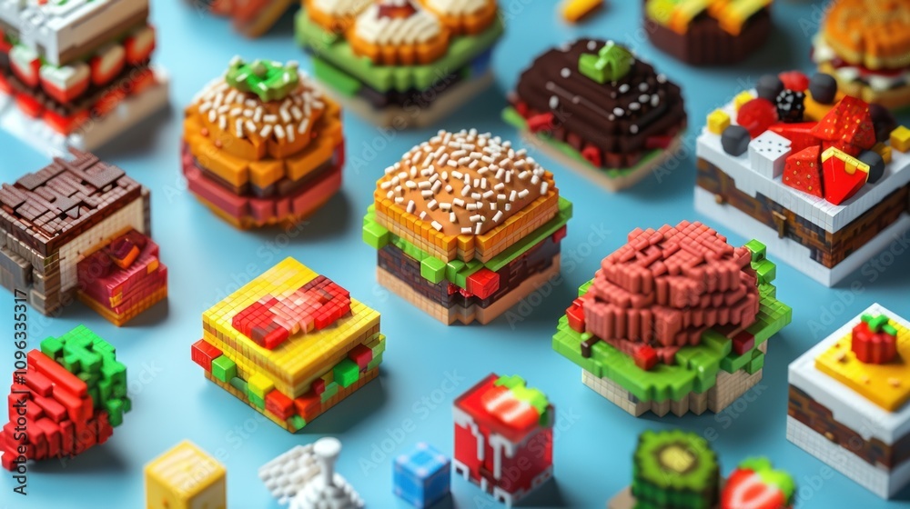 Colorful pixel art food models on blue background. Colorful pixel art food models on blue background.