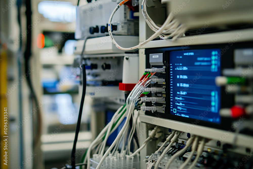 A data center server rack filled with white network cables and a digital display screen showing system status in a technological environment
A data center server rack filled with white network cables and a digital display screen showing system status in a technological environment