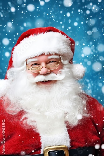 Smiling Santa Claus portrait against snowy background.