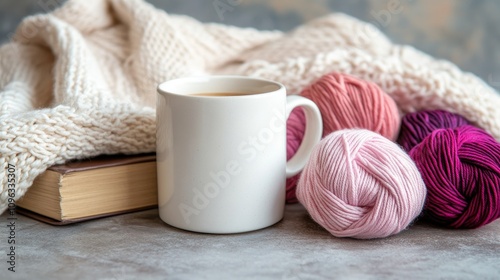 Wallpaper Mural White Mug Filled with Coffee, Open Book, and Colorful Yarn Balls on a Cozy Knit Blanket Against a Soft Neutral Background Torontodigital.ca
