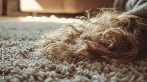 Curly, shaggy hair draped on a textured carpet, soaking up sunlight in a cozy room while air drying naturally. photo