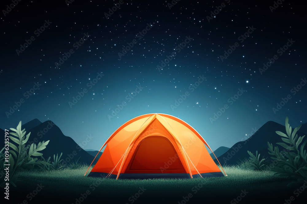 Joyful Travel. A vibrant orange tent stands under a starry night sky, surrounded by mountains and greenery, evoking a sense of adventure and tranquility. Joyful Travel. A vibrant orange tent stands under a starry night sky, surrounded by mountains and greenery, evoking a sense of adventure and tranquility.