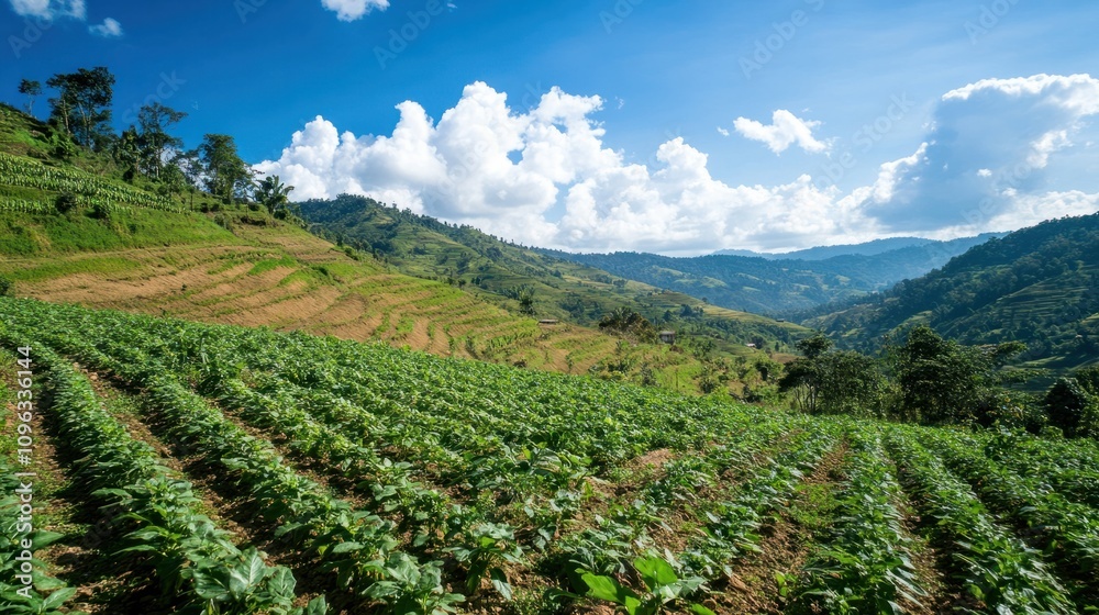 Fertile hillside with rows of crops and a clear blue sky above, showcasing the beauty of agricultural land Fertile hillside with rows of crops and a clear blue sky above, showcasing the beauty of agricultural land