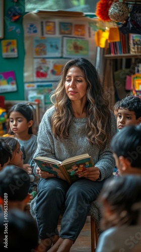 Teacher reads to young children. photo