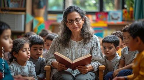 Teacher reading story to kids.