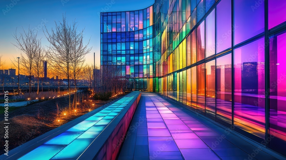 Fototapeta premium A dazzling evening scene of a modern urban pathway, colorful lights shimmering on the glass exterior of an office complex.