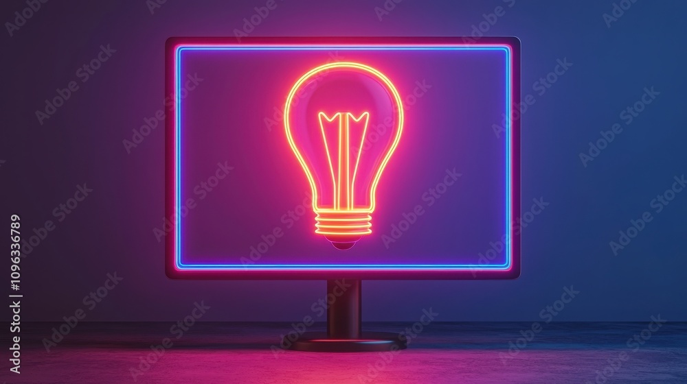 A bright idea insight for planning concepts. A glowing neon light bulb displayed on a screen, creating a vibrant and modern atmosphere with contrasting colors. A bright idea insight for planning concepts. A glowing neon light bulb displayed on a screen, creating a vibrant and modern atmosphere with contrasting colors.