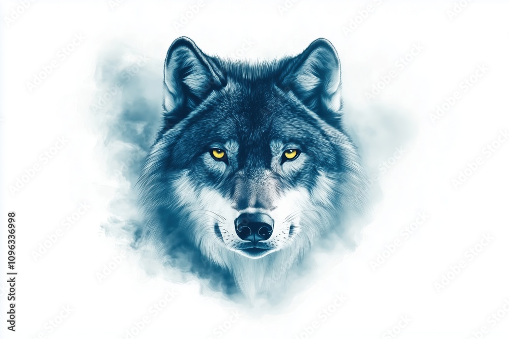 Obraz premium Vibrant wolf tattoo with gray-blue fur and intense yellow eyes