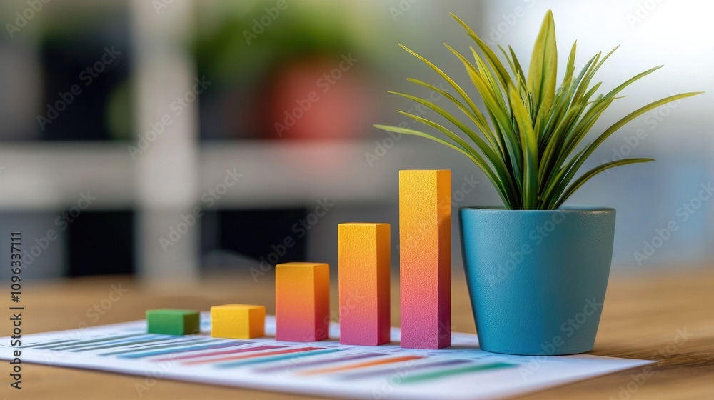A vibrant bar chart is shown alongside a small green plant in a blue pot, symbolizing growth and progress in a professional setting. A vibrant bar chart is shown alongside a small green plant in a blue pot, symbolizing growth and progress in a professional setting.