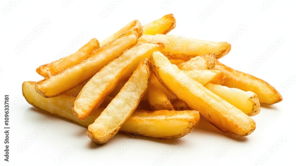 Crispy golden fried potato wedges arranged artfully against a clean white backdrop, showcasing a deliciously textured and appetizing appearance. Crispy golden fried potato wedges arranged artfully against a clean white backdrop, showcasing a deliciously textured and appetizing appearance.