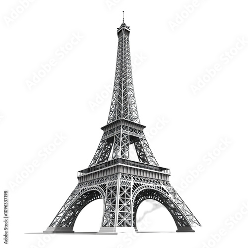 3D front view illustration of the Eiffel Tower monument isolated on a white transparent background