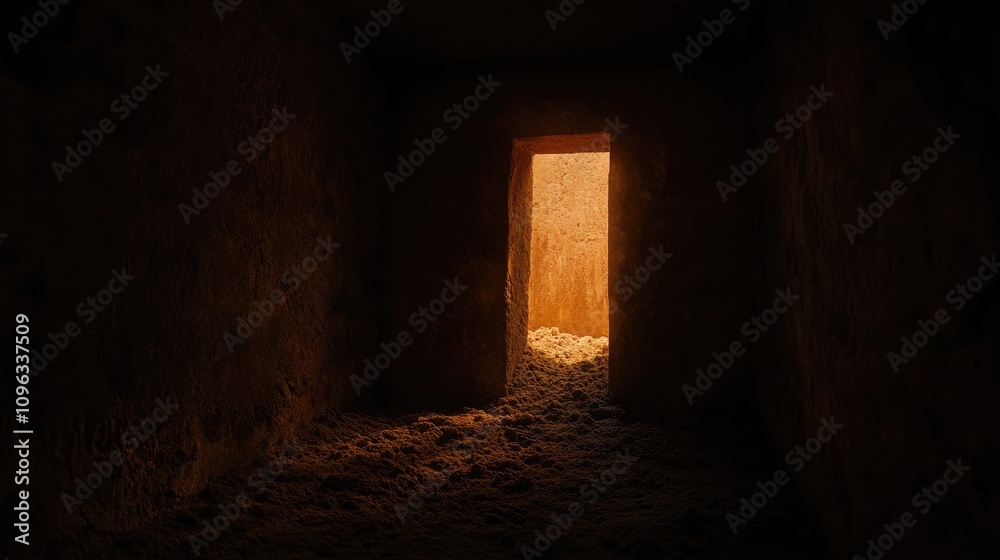 Glimpse of Light from a Tomb Signifying Renewal and Hope with Illuminated Doorway Opening to the Outside World Glimpse of Light from a Tomb Signifying Renewal and Hope with Illuminated Doorway Opening to the Outside World