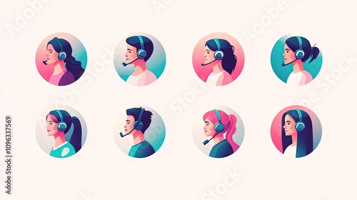 Eight diverse customer service agents wearing headsets, profile views in circles.