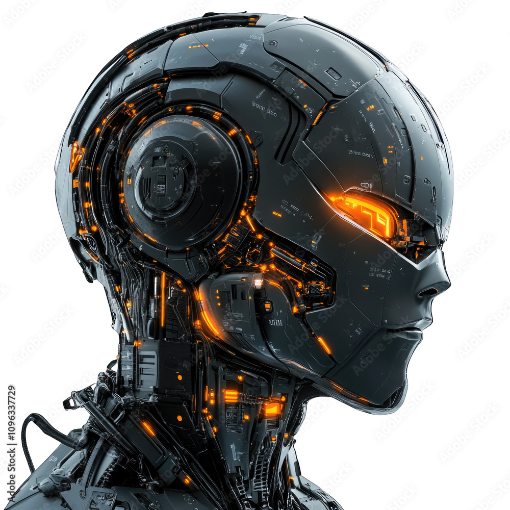 Futuristic humanoid robot head design with glowing elements isolated on transparent background cutout png Futuristic humanoid robot head design with glowing elements isolated on transparent background cutout png