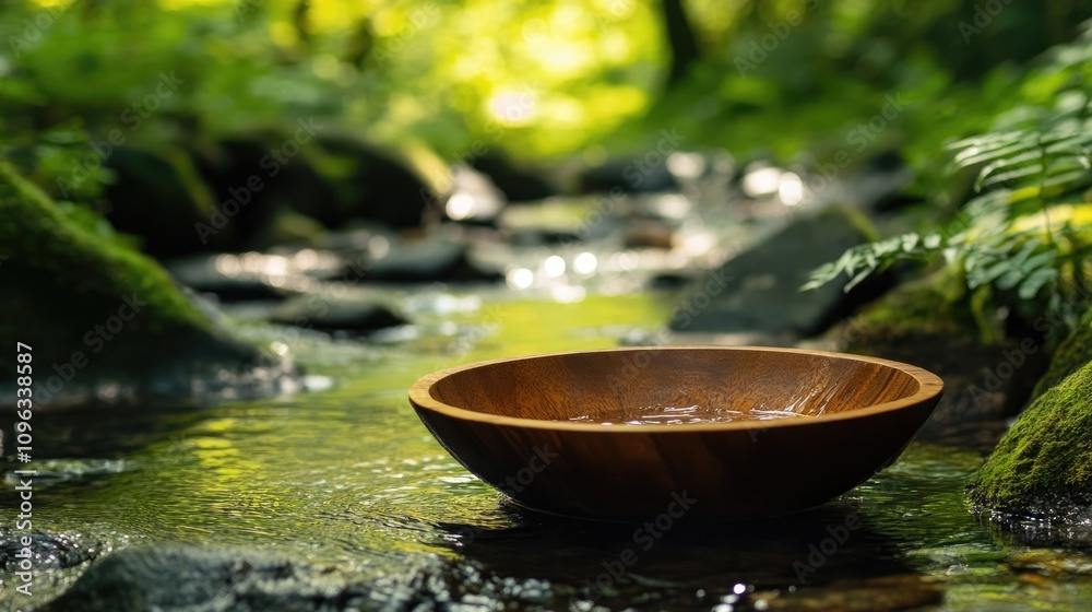 Wooden Bowl Resting in a Serene Stream Surrounded by Lush Greenery and Soft Light Filtered Through the Trees Wooden Bowl Resting in a Serene Stream Surrounded by Lush Greenery and Soft Light Filtered Through the Trees