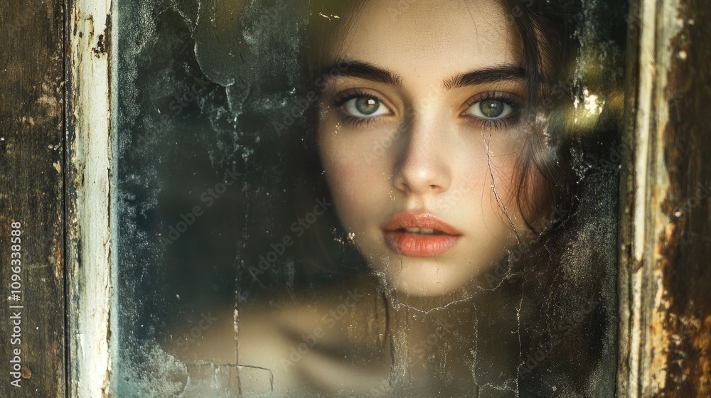 Artistic close-up portrait of a woman with captivating eyes peering through a cracked window, surrounded by soft, ethereal lighting. Artistic close-up portrait of a woman with captivating eyes peering through a cracked window, surrounded by soft, ethereal lighting.