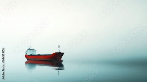 Red cargo ship calmly floating on still water with a serene, foggy background creating an ethereal atmosphere and open space for text or captions.