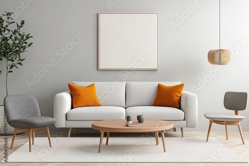 Minimalist living room with modern furniture and warm color accents in a cozy setting