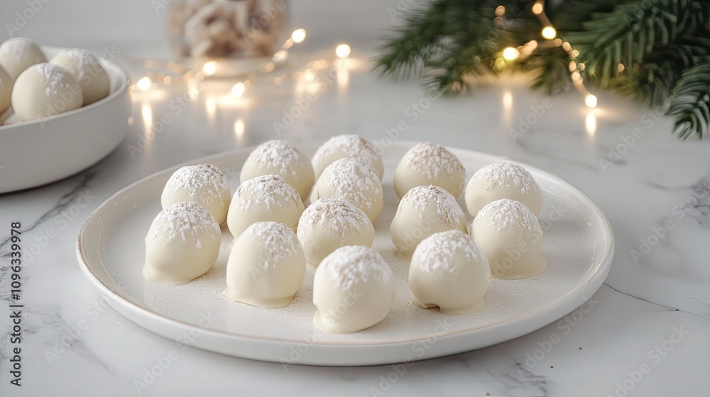 A plate of white chocolate truffles on a white marble countertop with elegant lighting. A plate of white chocolate truffles on a white marble countertop with elegant lighting.
