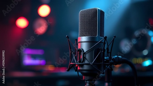 Silhouette of a radio microphone, podcasting backdrop. AI art.