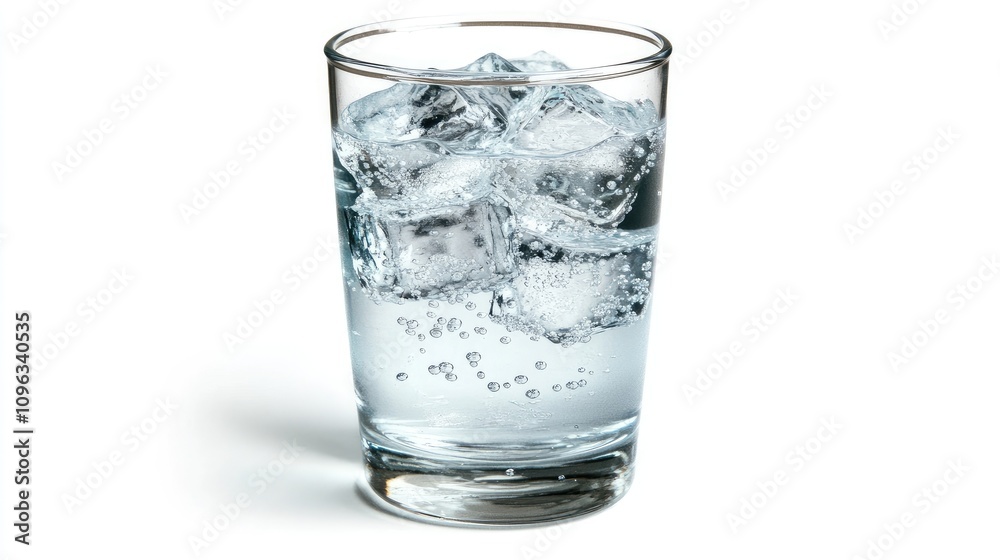 A refreshing glass of water filled with ice cubes, with droplets on the surface, placed on a clean white background. A refreshing glass of water filled with ice cubes, with droplets on the surface, placed on a clean white background.