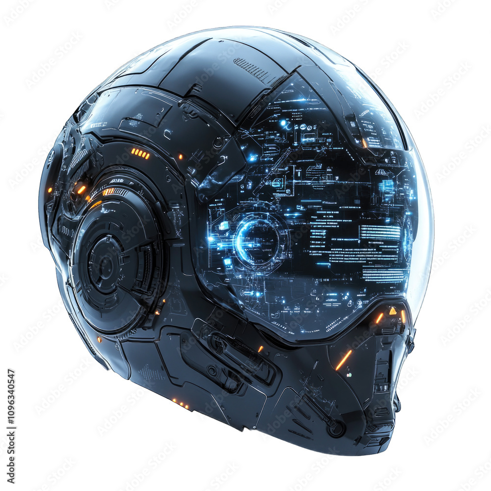 Fototapeta premium Futuristic black technology helmet with transparent visor and glowing interface elements isolated on transparent background cutout png