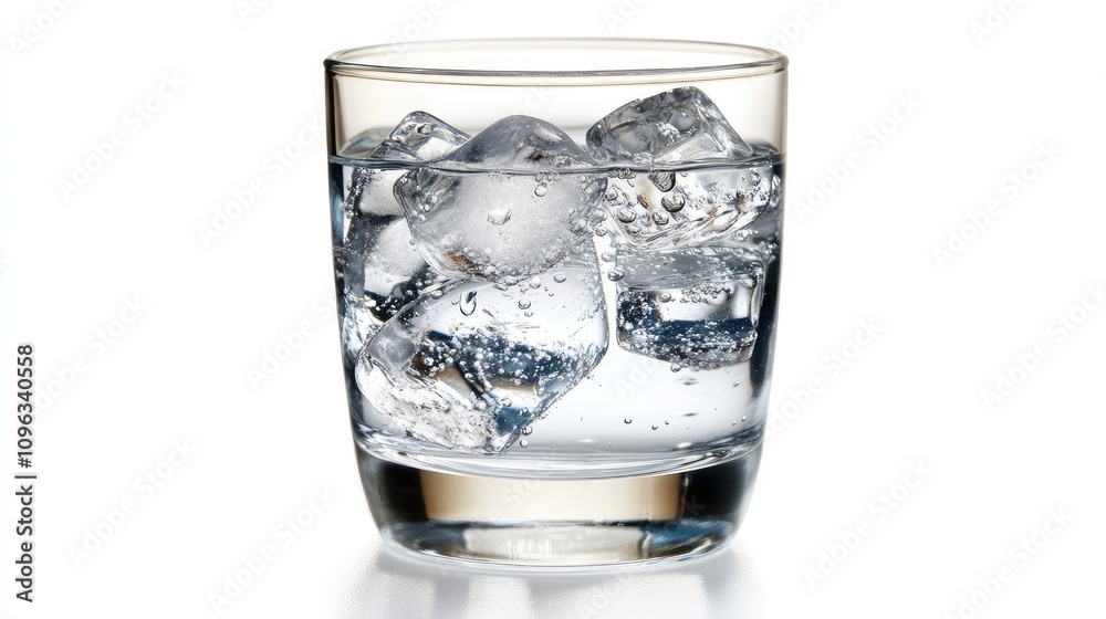 A refreshing glass of water filled with ice cubes, with droplets on the surface, placed on a clean white background. A refreshing glass of water filled with ice cubes, with droplets on the surface, placed on a clean white background.