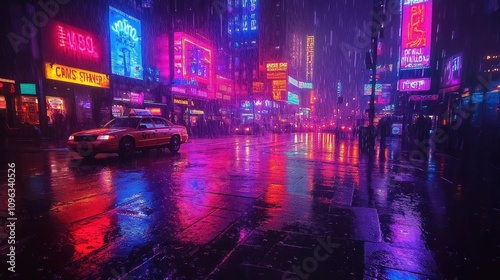 A rainy night in a neon city, glowing signs reflecting on wet pavement, amidst a misty and atmospheric background.