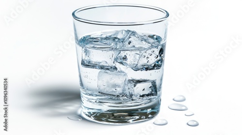 A refreshing glass of water filled with ice cubes, with droplets on the surface, placed on a clean white background.