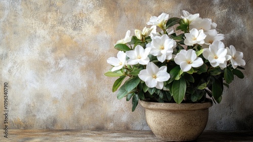 A serene potted plant adorned with vibrant white flowers, displayed against a softly textured, neutral backdrop to elevate any home or office decor with natural elegance.