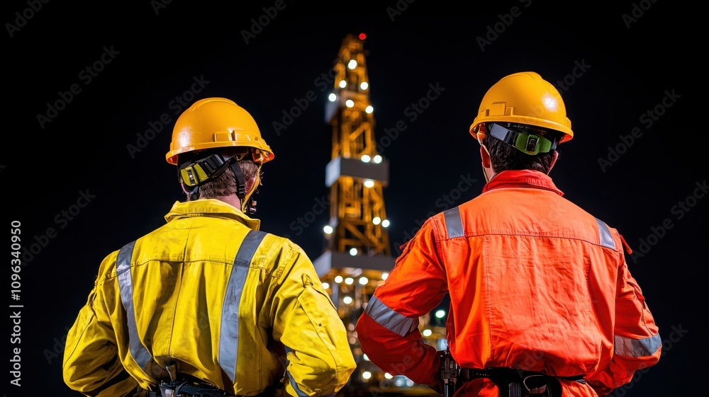 Fototapeta premium Workers in safety gear observe a drilling rig at night, showcasing industrial operations and teamwork in the energy sector.
