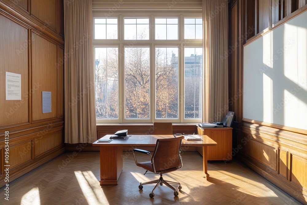 Obraz premium Brightly lit office space with large windows showcasing a serene outdoor view during the day