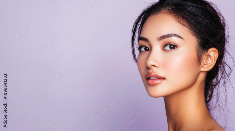A beautiful young woman poses against a soft pastel background, showcasing elegant makeup and a confident expression, capturing timeless beauty A beautiful young woman poses against a soft pastel background, showcasing elegant makeup and a confident expression, capturing timeless beauty