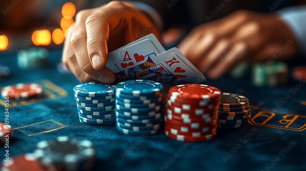 Casino table, poker chips stacked high, cards being dealt under soft lighting, intense and suspenseful Casino table, poker chips stacked high, cards being dealt under soft lighting, intense and suspenseful
