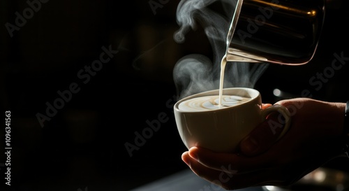 Coffee preparation in dark setting with steam rising cup