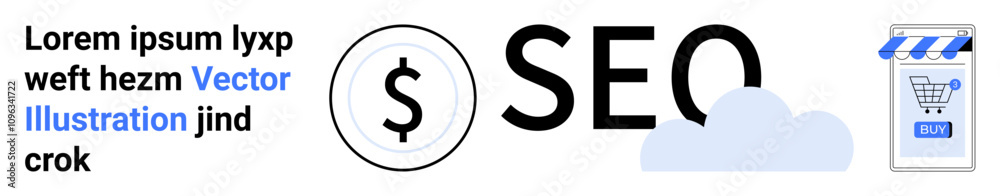 SEO elements with a dollar sign, SEO text, cloud, and a storefront with a shopping cart. Ideal for digital marketing, e-commerce, business strategy, online stores, SEO agencies, advertising, and web SEO elements with a dollar sign, SEO text, cloud, and a storefront with a shopping cart. Ideal for digital marketing, e-commerce, business strategy, online stores, SEO agencies, advertising, and web