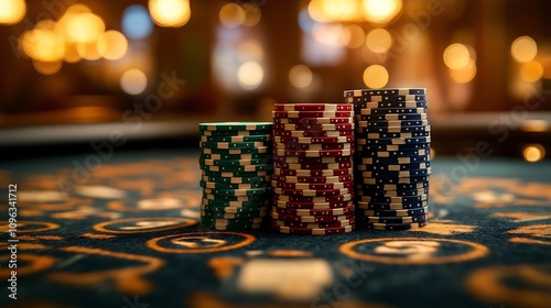 Casino table, poker chips stacked high, cards being dealt under soft lighting, intense and suspenseful photo