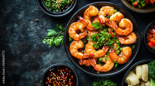 Delicious shrimp stir-fry served with colorful vegetables and dipping sauces on a dark textured surface