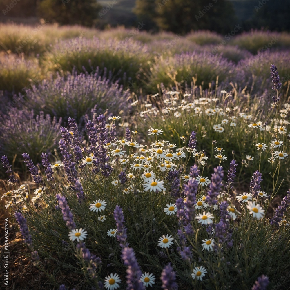 Obraz premium A blooming meadow filled with lavender and daisies.