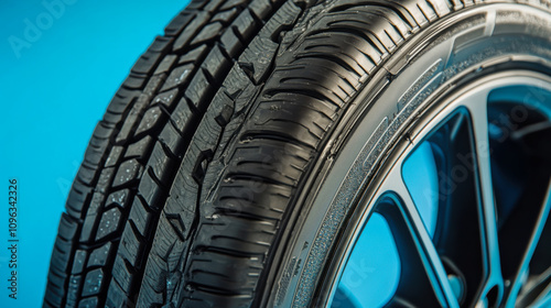 Detailed close-up of a car tire showcasing tread patterns and rubber texture against a blue background