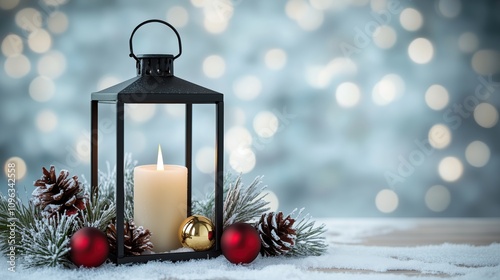 Black lantern with decorations on a snowy surface